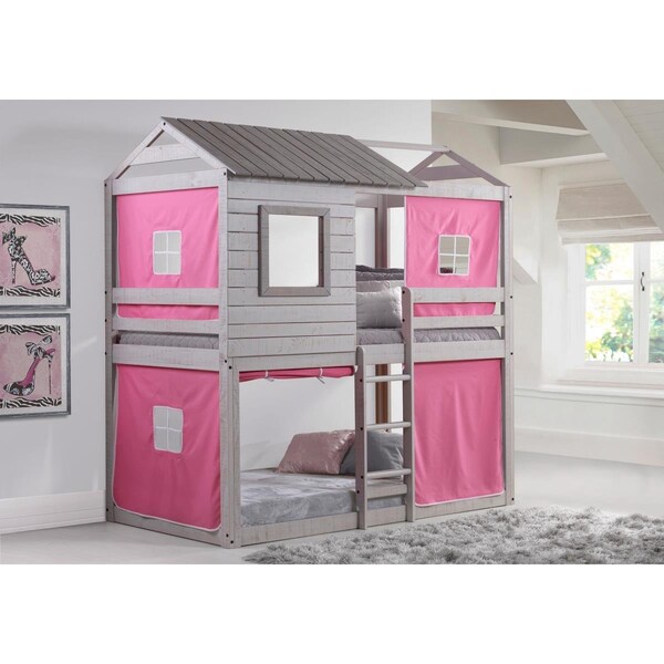 Donco Kids PD-1370TTLG-P Deer Blind Twin Over Twin Bunk Loft with Pink Tent - Light Gray PD_1370TTLG_P - main